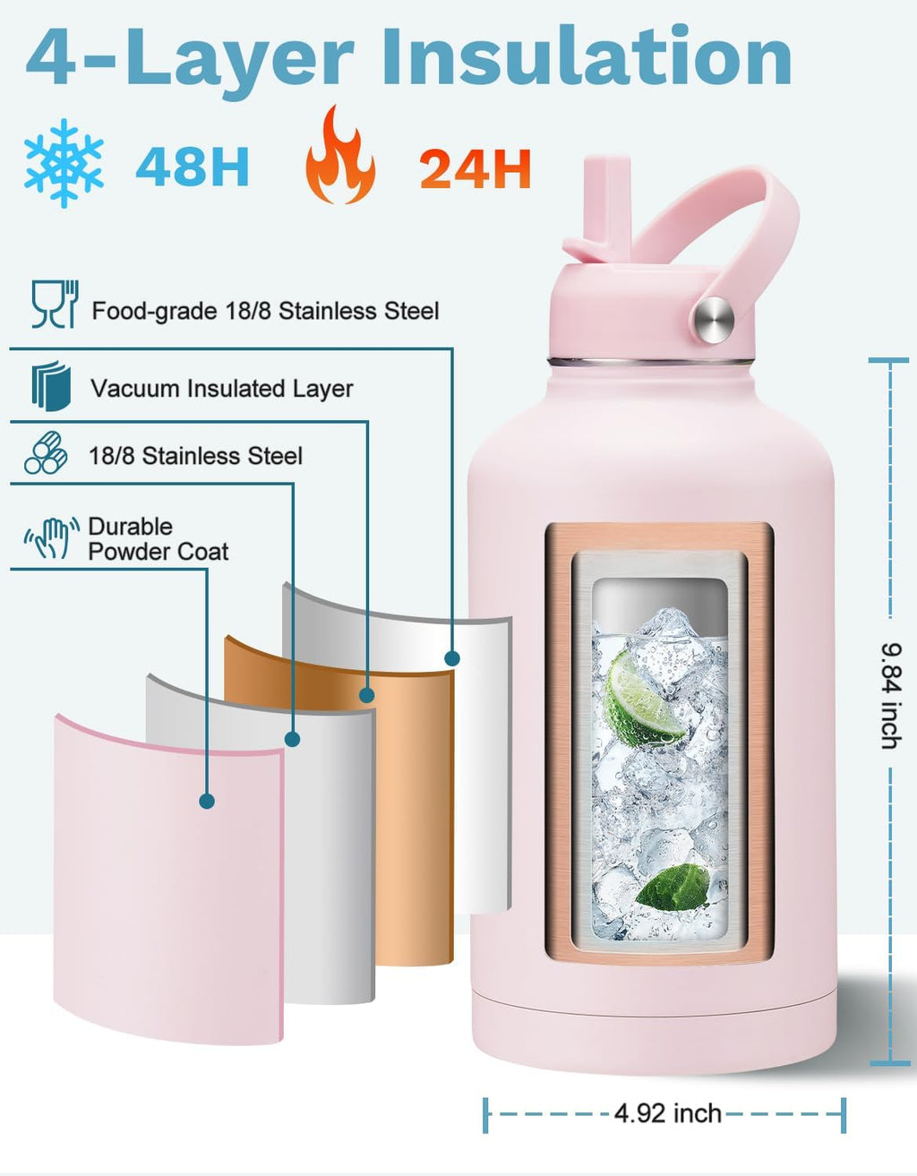 64 oz Insulated Water Bottle - Large Hydration Water Jug Insulated for Work