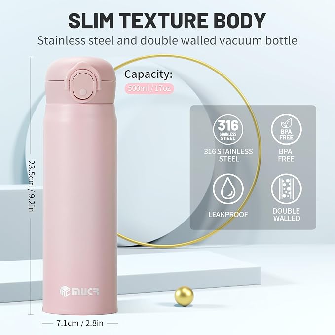17oz BPA-Free Flip Lid Water Bottle, Cup Holder Compatible, Pink