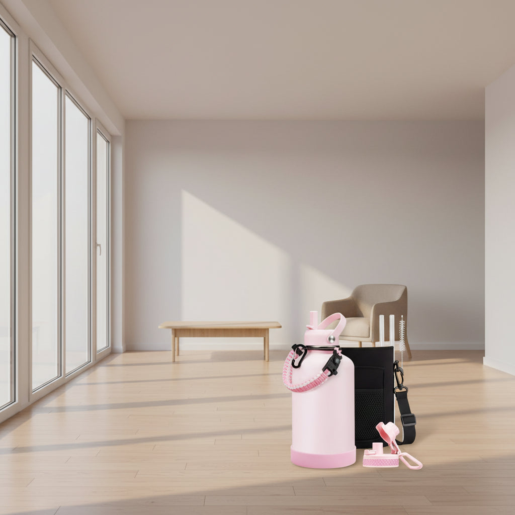 A light pink insulated water bottle with a pink carry strap and black carabiner, shown with a black mesh carrying case, two white straws, a pink flip-straw lid, and a cleaning brush on a white background. A vertical row of smaller bottle color options appears along the left edge.